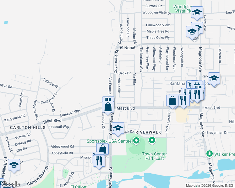 map of restaurants, bars, coffee shops, grocery stores, and more near 9824 Via Leslie in Santee