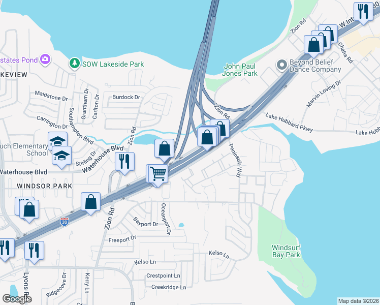 map of restaurants, bars, coffee shops, grocery stores, and more near 930 West Interstate 30 in Garland