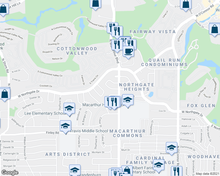 map of restaurants, bars, coffee shops, grocery stores, and more near 1115 South Gloucester Court in Irving
