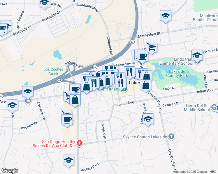map of restaurants, bars, coffee shops, grocery stores, and more near 9760 Prospect Avenue in Lakeside