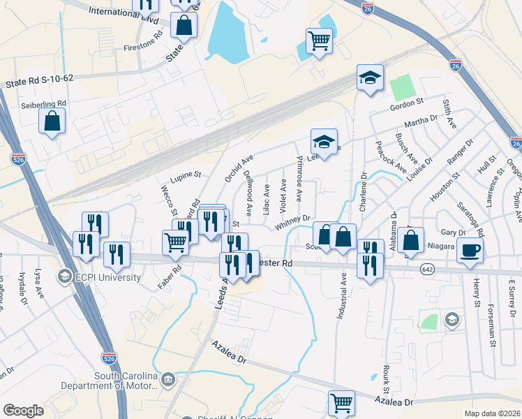 map of restaurants, bars, coffee shops, grocery stores, and more near 4326 Spur Street in North Charleston