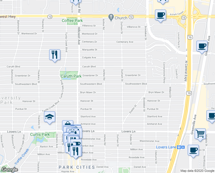 map of restaurants, bars, coffee shops, grocery stores, and more near 3135 Southwestern Boulevard in Dallas