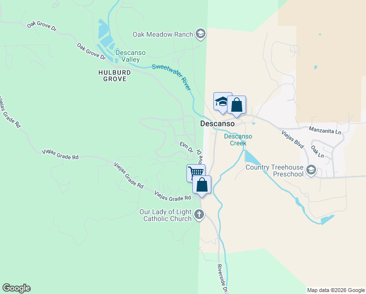 map of restaurants, bars, coffee shops, grocery stores, and more near 9502 Elm Drive in Descanso