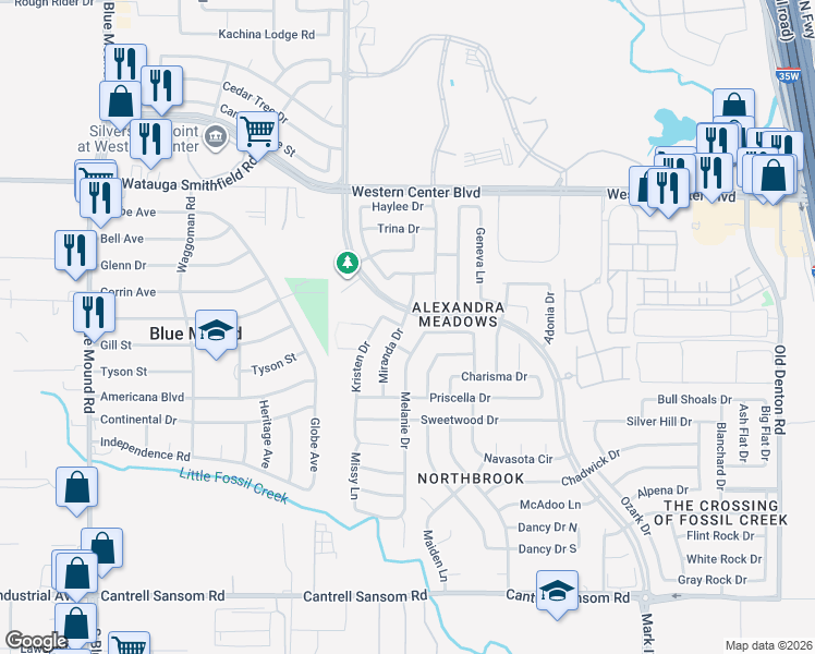 map of restaurants, bars, coffee shops, grocery stores, and more near 6300 Miranda Drive in Fort Worth