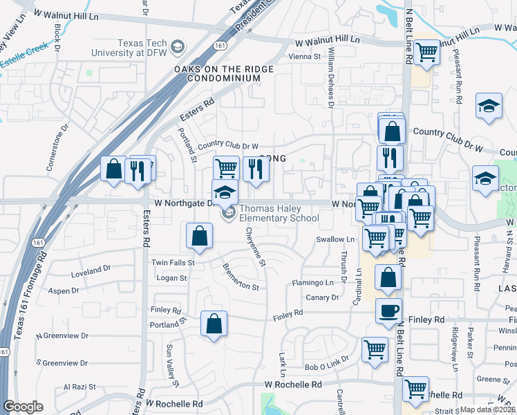 map of restaurants, bars, coffee shops, grocery stores, and more near 3834 South Eugene Court in Irving