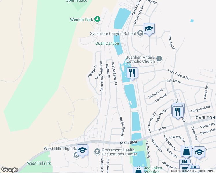 map of restaurants, bars, coffee shops, grocery stores, and more near 9956 Medina Drive in Santee