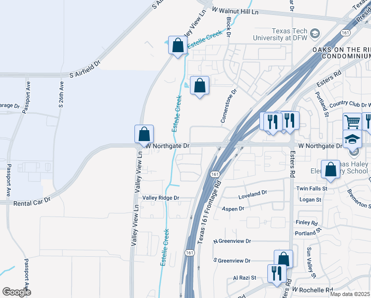 map of restaurants, bars, coffee shops, grocery stores, and more near 4610 West Northgate Drive in Irving