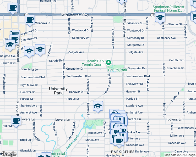 map of restaurants, bars, coffee shops, grocery stores, and more near 3512 Bryn Mawr Drive in Dallas
