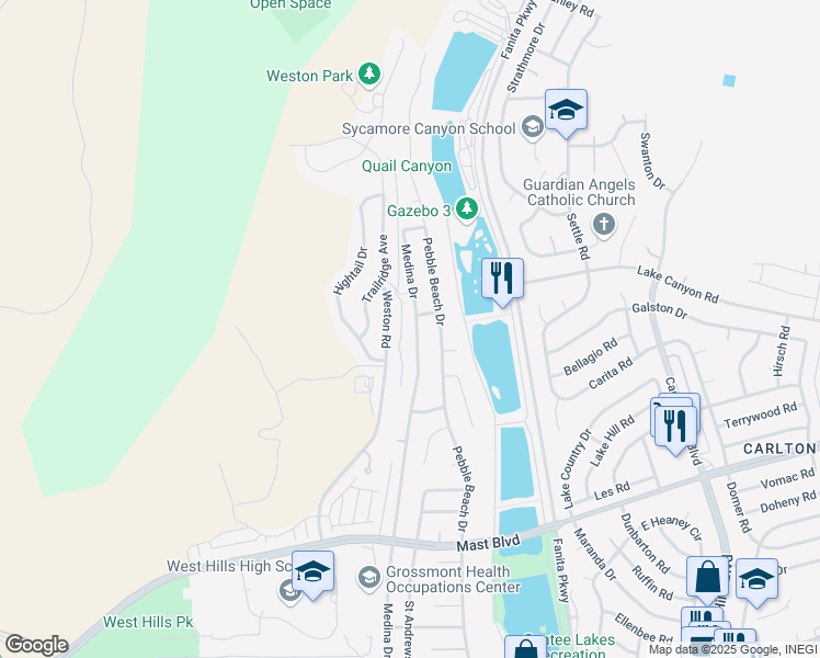 map of restaurants, bars, coffee shops, grocery stores, and more near 9956 Medina Drive in Santee