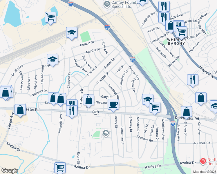 map of restaurants, bars, coffee shops, grocery stores, and more near 2735 Constitution Avenue in North Charleston