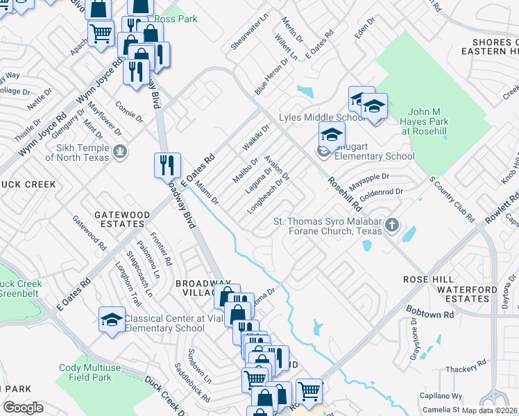 map of restaurants, bars, coffee shops, grocery stores, and more near 733 Longbeach Drive in Garland