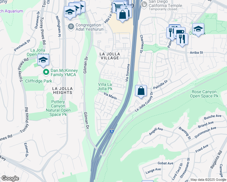 map of restaurants, bars, coffee shops, grocery stores, and more near 8350 Via Sonoma in San Diego