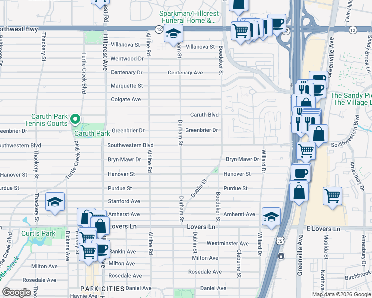 map of restaurants, bars, coffee shops, grocery stores, and more near 3024 Southwestern Boulevard in Dallas