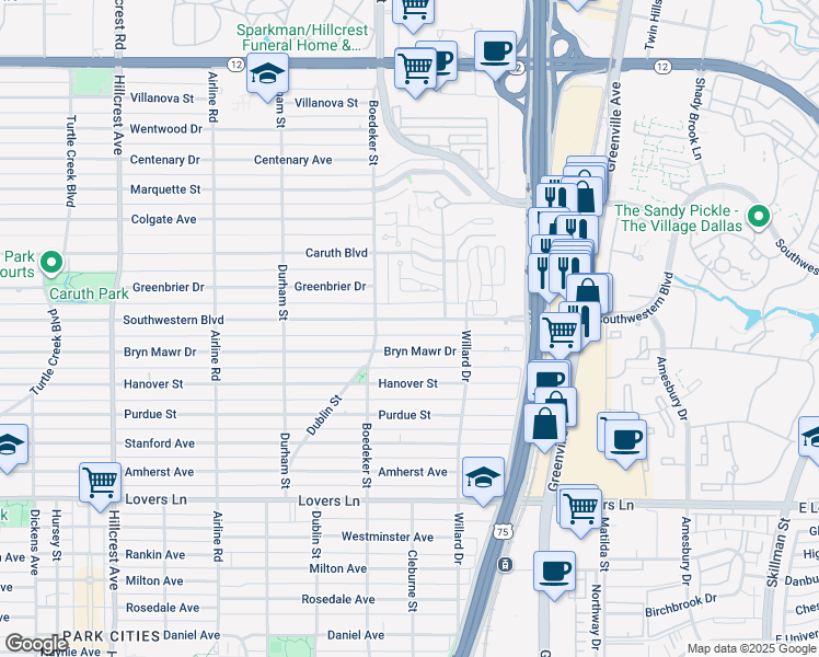 map of restaurants, bars, coffee shops, grocery stores, and more near 7627 Southwestern Boulevard in Dallas