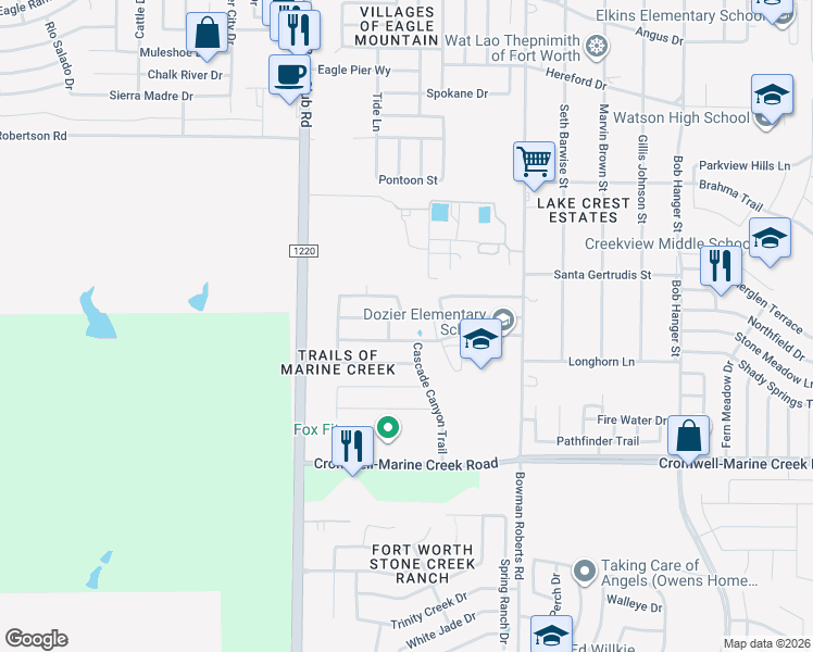 map of restaurants, bars, coffee shops, grocery stores, and more near 6216 Eagles Rest Drive in Fort Worth