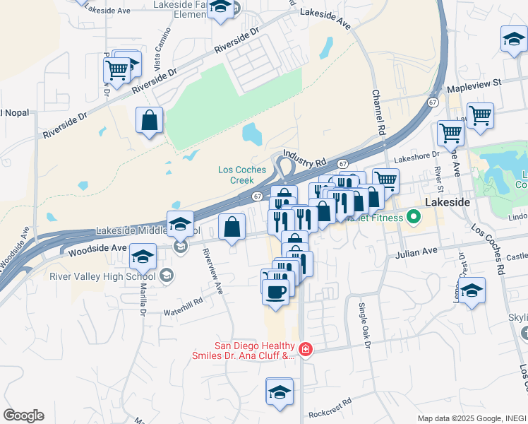 map of restaurants, bars, coffee shops, grocery stores, and more near 12030 Woodside Avenue in Lakeside