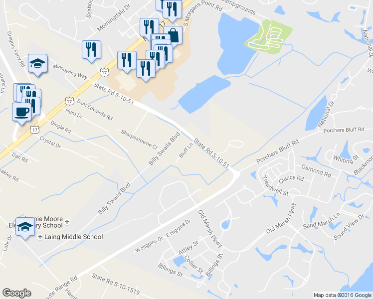 map of restaurants, bars, coffee shops, grocery stores, and more near 2957 Bluff Lane in Mount Pleasant