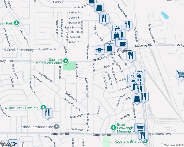 map of restaurants, bars, coffee shops, grocery stores, and more near 120 Opal Street in Saginaw