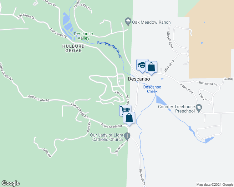 map of restaurants, bars, coffee shops, grocery stores, and more near 9502 Elm Drive in Descanso