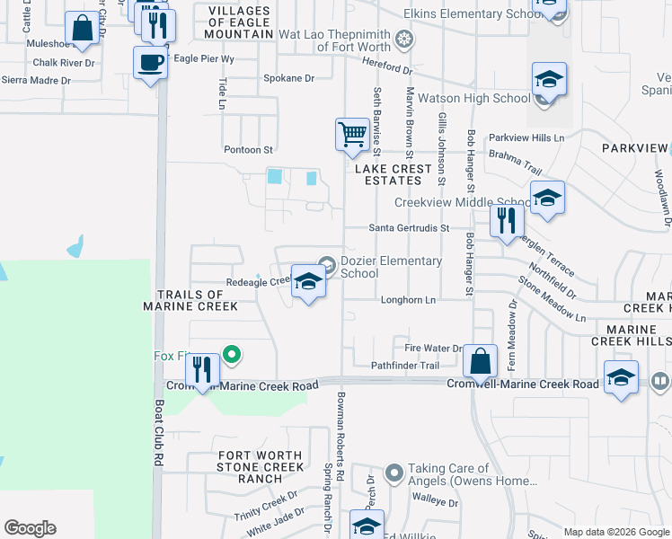 map of restaurants, bars, coffee shops, grocery stores, and more near 6617 Bowman Roberts Road in Fort Worth