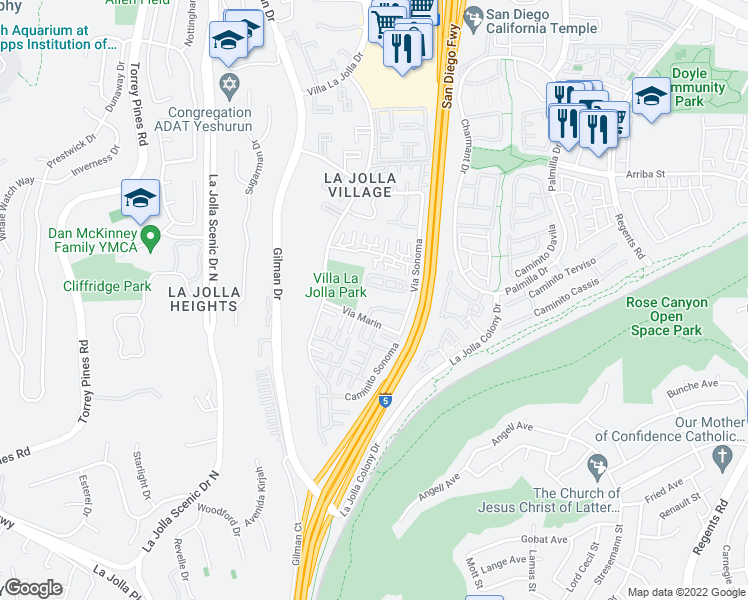 map of restaurants, bars, coffee shops, grocery stores, and more near 8350 Via Sonoma in San Diego