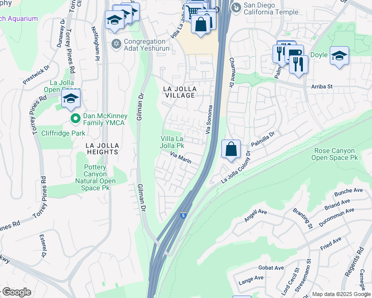 map of restaurants, bars, coffee shops, grocery stores, and more near 8350 Via Sonoma in San Diego
