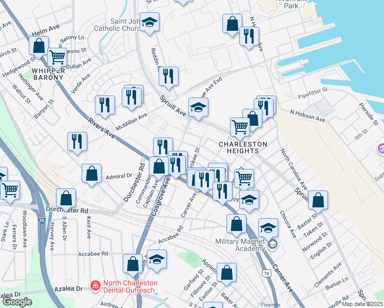 map of restaurants, bars, coffee shops, grocery stores, and more near 2003 Cosgrove Avenue in North Charleston