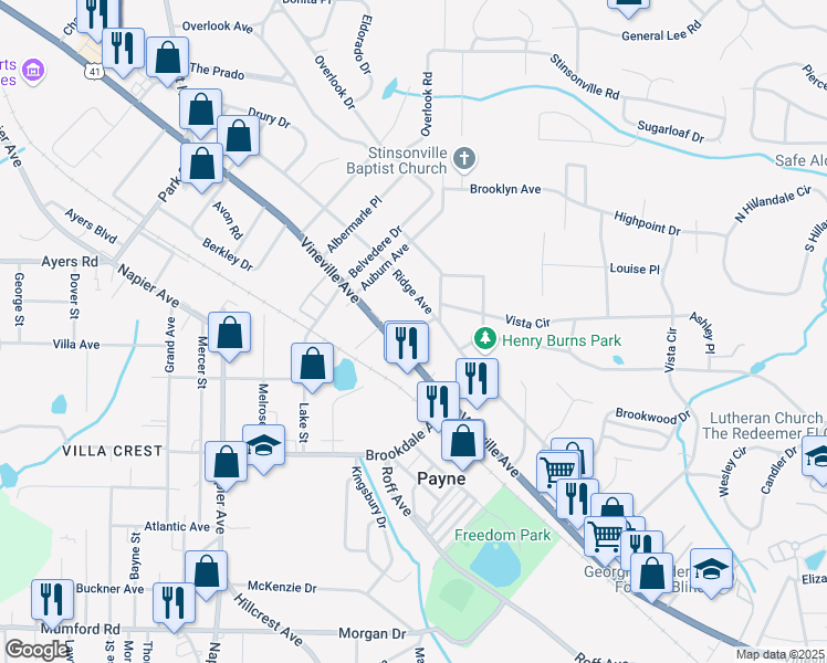 map of restaurants, bars, coffee shops, grocery stores, and more near 3428 Ridge Avenue in Macon