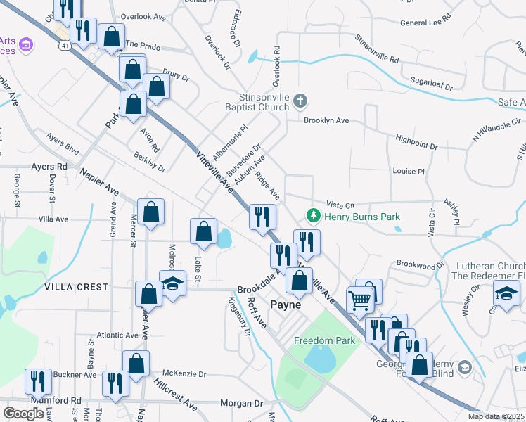 map of restaurants, bars, coffee shops, grocery stores, and more near 3428 Ridge Avenue in Macon