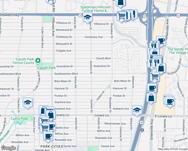 map of restaurants, bars, coffee shops, grocery stores, and more near 3024 Southwestern Boulevard in Dallas