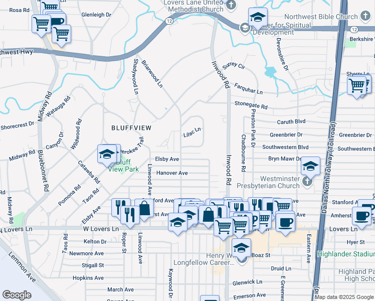 map of restaurants, bars, coffee shops, grocery stores, and more near 5003 Horseshoe Trail in Dallas