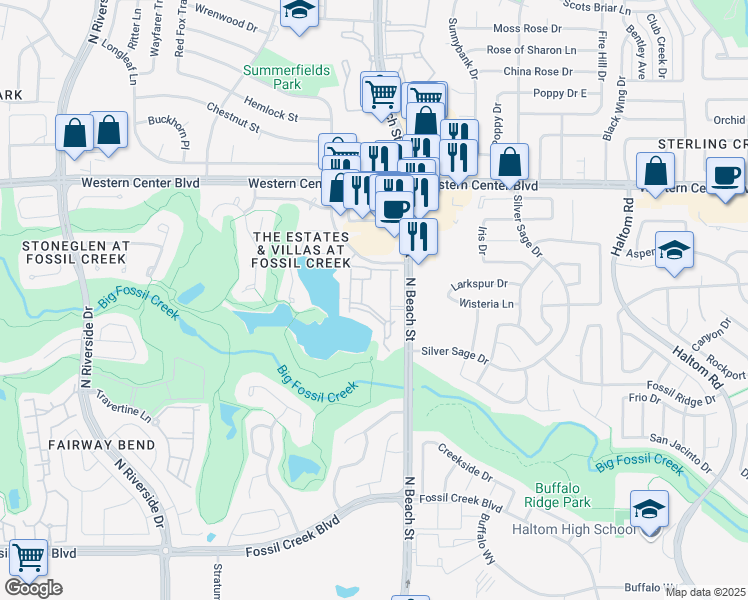 map of restaurants, bars, coffee shops, grocery stores, and more near 6111 North Beach Street in Fort Worth
