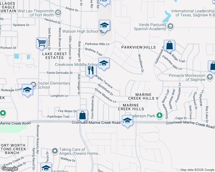 map of restaurants, bars, coffee shops, grocery stores, and more near 5708 Heatherglen Terrace in Fort Worth