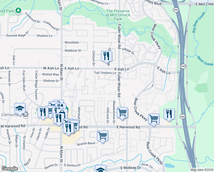 map of restaurants, bars, coffee shops, grocery stores, and more near 501 Sycamore Lane in Euless