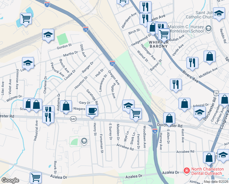 map of restaurants, bars, coffee shops, grocery stores, and more near 2658 Poplin Avenue in North Charleston