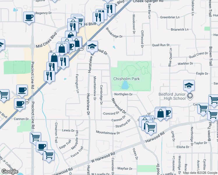 map of restaurants, bars, coffee shops, grocery stores, and more near 2200 Norwood Drive in Hurst