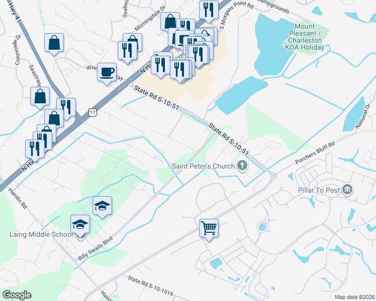 map of restaurants, bars, coffee shops, grocery stores, and more near 1216 Sharpestowne Court in Mount Pleasant
