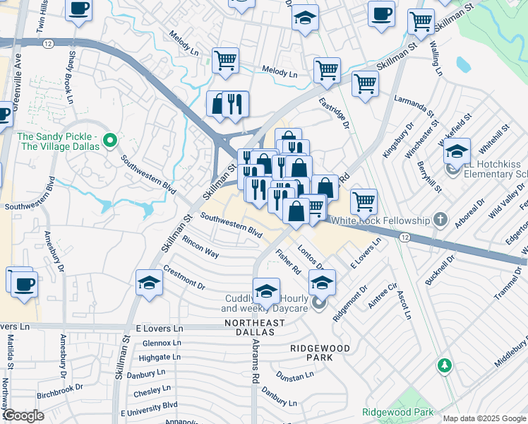map of restaurants, bars, coffee shops, grocery stores, and more near 212 Medallion Shopping Center in Dallas