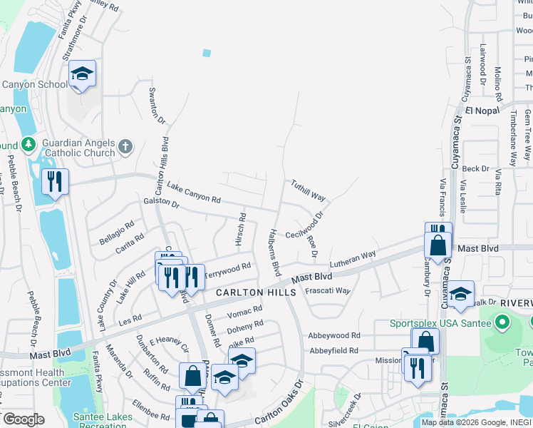 map of restaurants, bars, coffee shops, grocery stores, and more near 9483 Lake Canyon Road in Santee