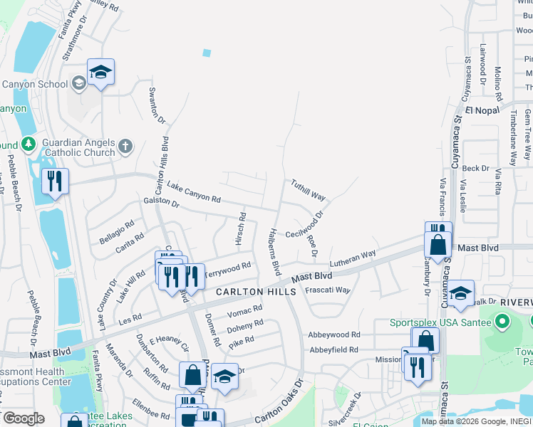 map of restaurants, bars, coffee shops, grocery stores, and more near 9819 Gandy Avenue in Santee