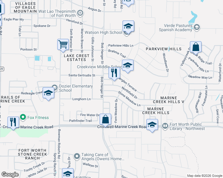 map of restaurants, bars, coffee shops, grocery stores, and more near 5900 Northfield Drive in Fort Worth
