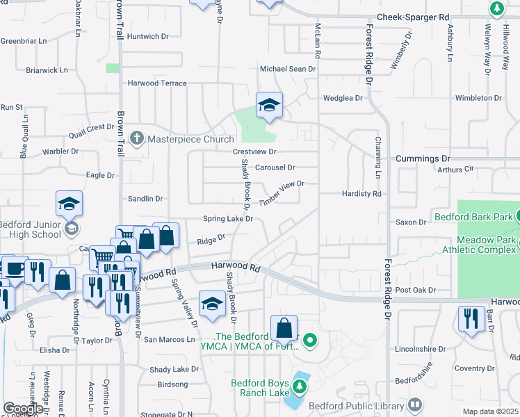 map of restaurants, bars, coffee shops, grocery stores, and more near 3204 Shady Brook Drive in Bedford