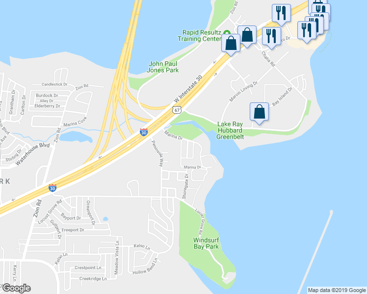 map of restaurants, bars, coffee shops, grocery stores, and more near 4909 Captains Place in Garland