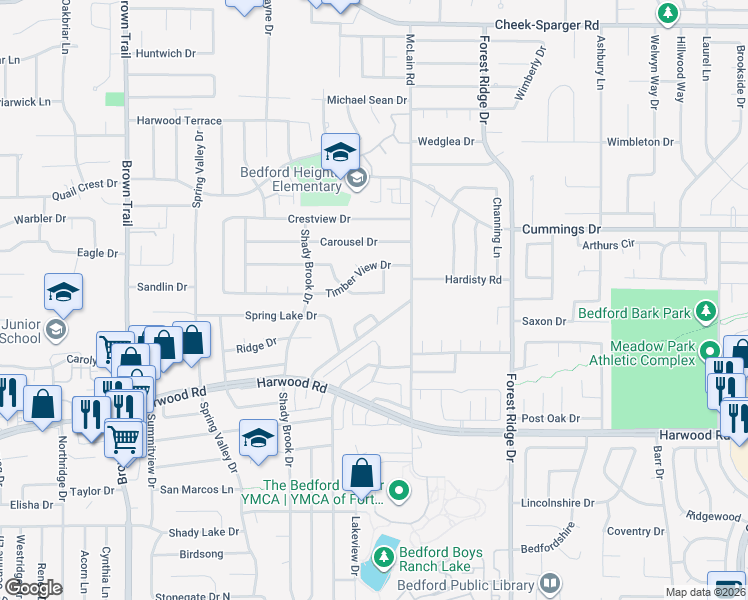 map of restaurants, bars, coffee shops, grocery stores, and more near 1116 Clearview Drive in Bedford