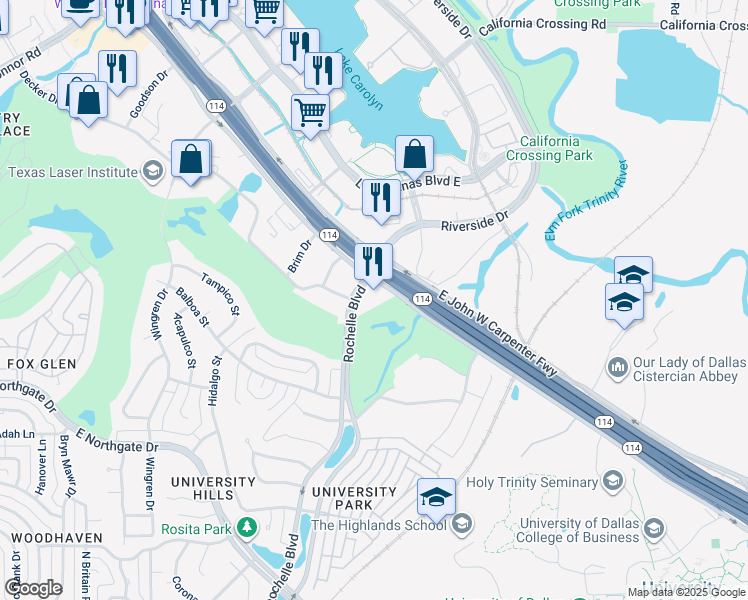 map of restaurants, bars, coffee shops, grocery stores, and more near 600 East John Carpenter Freeway in Irving
