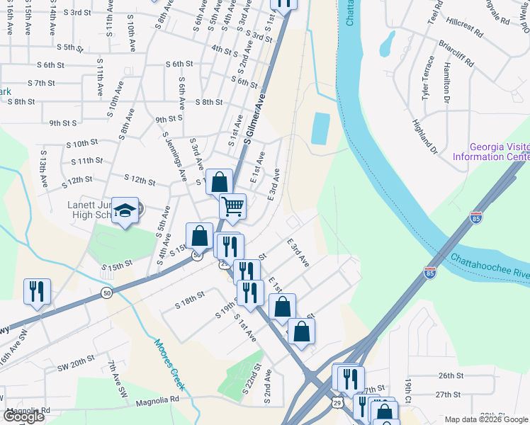 map of restaurants, bars, coffee shops, grocery stores, and more near 206 Southeast 12th Street in Lanett