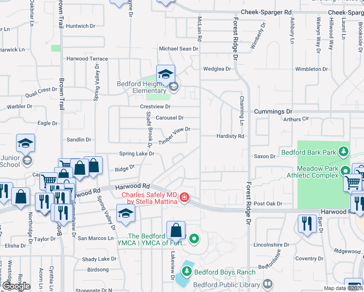 map of restaurants, bars, coffee shops, grocery stores, and more near 1116 Clearview Drive in Bedford