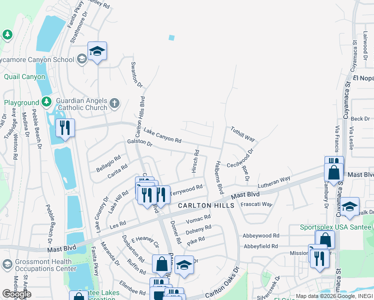 map of restaurants, bars, coffee shops, grocery stores, and more near 9530 Galston Drive in Santee