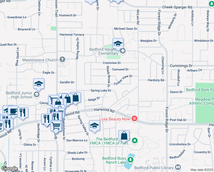 map of restaurants, bars, coffee shops, grocery stores, and more near 3204 Shady Brook Drive in Bedford