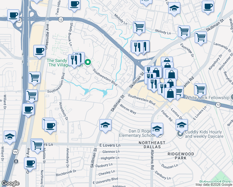 map of restaurants, bars, coffee shops, grocery stores, and more near 8820 Southwestern Boulevard in Dallas